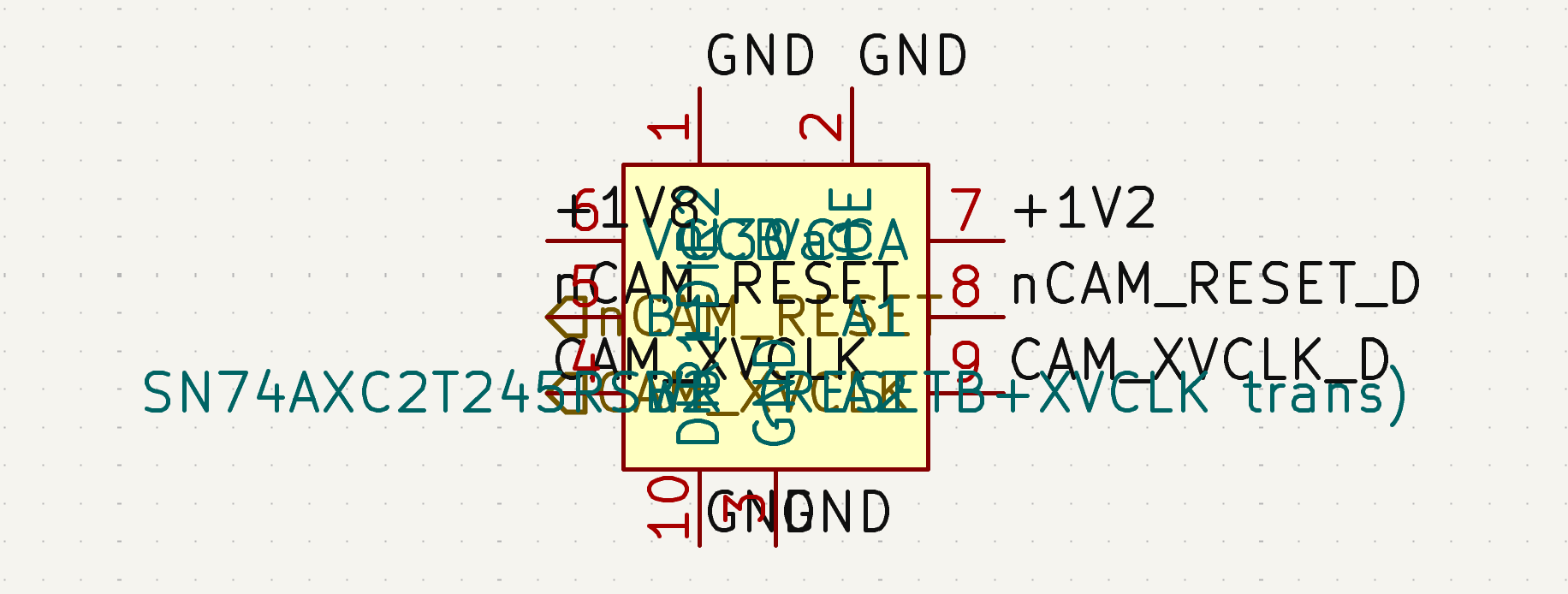 A schematic symbol whose reference designator, pin values, and net labels all overlap into an unreadable cluster