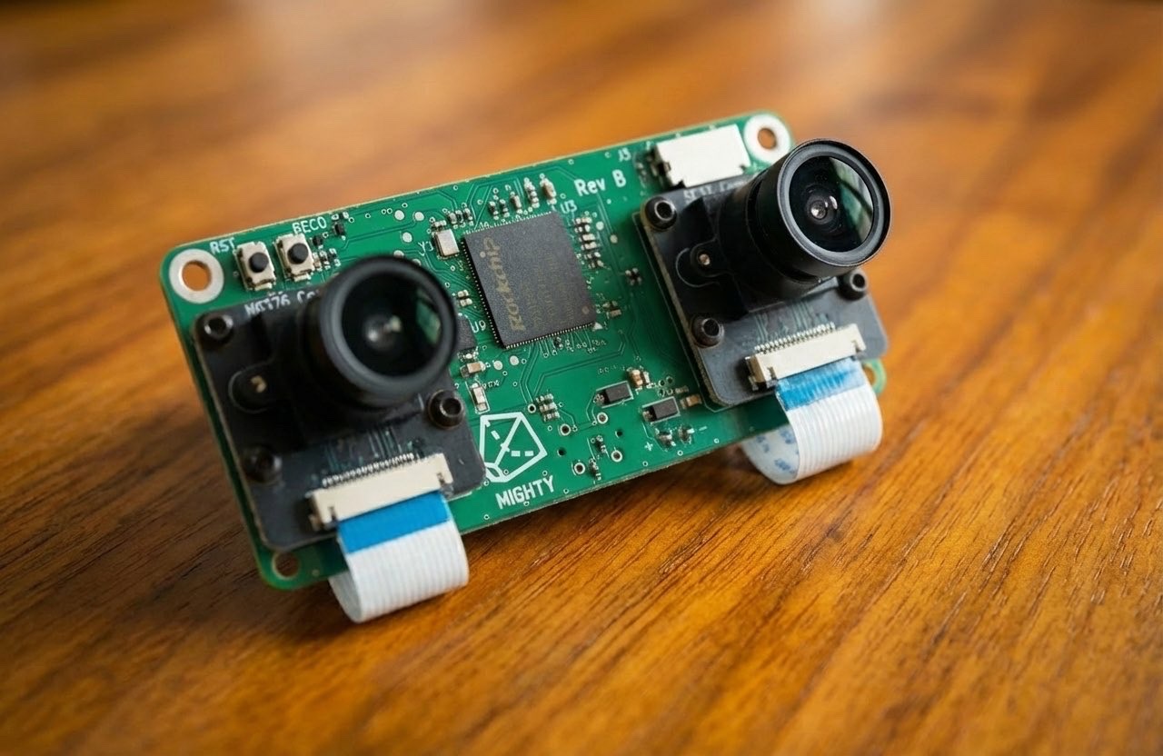Three-quarter view of a stereo SLAM revision — dual global-shutter cameras flanking the Rockchip ARMv7 SoC