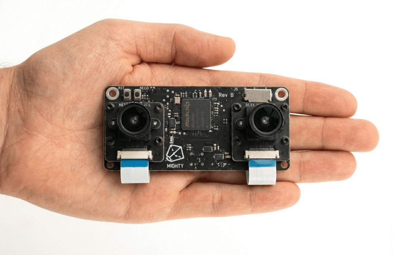 Beacon SLAM module held in hand — dual global-shutter cameras flanking an ARMv7 SoC on a board the size of a finger pad
